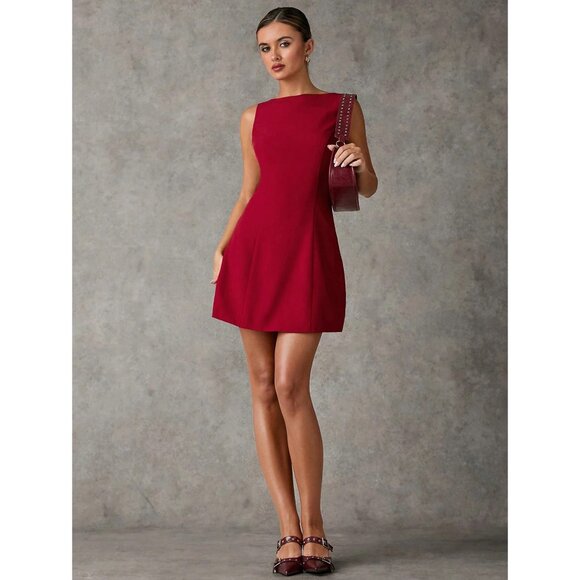 Red Sleeveless Mini Dress High Neck Plazacore Business Minimalist - Picture 1 of 2